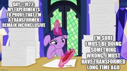 Size: 888x499 | Tagged: safe, edit, edited screencap, screencap, character:twilight sparkle, character:twilight sparkle (alicorn), species:alicorn, species:pony, episode:once upon a zeppelin, g4, my little pony: friendship is magic, caption, female, floppy ears, image macro, magic, mare, meme, paper, quill, solo, telekinesis, text, transformers, writing