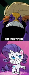 Size: 500x1269 | Tagged: safe, edit, edited screencap, screencap, character:rarity, species:pony, species:unicorn, episode:bad thing no. 3, g4.5, my little pony: pony life, my little pony:pony life, spoiler:pony life s01e05, bean mouth, caption, image macro, meme, superhero, text, that's my pony, that's my x, the maxx