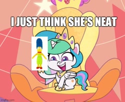 Size: 552x452 | Tagged: safe, edit, edited screencap, screencap, character:princess celestia, species:alicorn, species:pony, episode:princess probz, g4.5, my little pony: pony life, my little pony:pony life, spoiler:pony life s01e01, caption, cropped, doll, female, image macro, marge simpson, meme, solo, text, the simpsons, toy