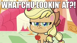 Size: 1920x1080 | Tagged: safe, edit, edited screencap, screencap, character:applejack, species:earth pony, species:pony, my little pony:pony life, annoyed, caption, fourth wall, image macro, looking at you, text