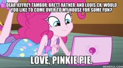 Size: 600x335 | Tagged: safe, edit, edited screencap, screencap, character:pinkie pie, equestria girls:rainbow rocks, g4, my little pony: equestria girls, my little pony:equestria girls, caption, computer, image macro, laptop computer, op is a duck, op is trying to start shit, text
