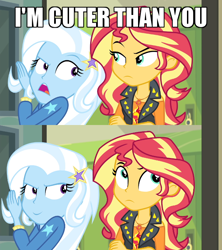 Size: 640x720 | Tagged: safe, edit, edited screencap, screencap, character:sunset shimmer, character:trixie, equestria girls:forgotten friendship, g4, my little pony: equestria girls, my little pony:equestria girls, caption, comic, ego, frown, image macro, meme, narcissism, screencap comic, smiling, smirk, sunset shimmer is not amused, text, trixie yells at everything, unamused