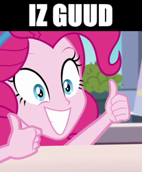 Size: 1075x1299 | Tagged: safe, edit, edited screencap, screencap, character:pinkie pie, episode:the craft of cookies, g4, my little pony: equestria girls, my little pony:equestria girls, spoiler:eqg series (season 2), borat, caption, cropped, female, image macro, sacha baron cohen, solo, text, thumbs up
