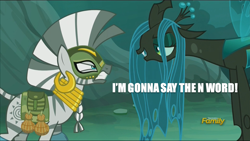 Size: 1280x720 | Tagged: safe, edit, edited screencap, screencap, character:queen chrysalis, character:zecora, species:changeling, species:zebra, episode:the cutie re-mark, alternate timeline, angry, caption, changeling queen, chrysalis resistance timeline, discovery family logo, everfree forest, exploitable meme, female, forest, i'm going to say the n word, i'm gonna say the n-word, image macro, meme, n word, resistance leader zecora, text