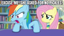 Size: 1920x1080 | Tagged: safe, edit, edited screencap, screencap, character:fluttershy, character:rainbow dash, species:pegasus, species:pony, episode:daring doubt, g4, my little pony: friendship is magic, angry, caption, frown, image macro, library, meme, pouting, text