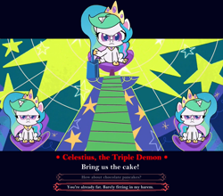 Size: 1216x1072 | Tagged: safe, edit, edited screencap, screencap, character:princess celestia, species:alicorn, species:pony, episode:princess probz, g4.5, my little pony: pony life, my little pony:pony life, spoiler:pony life s01e01, helltaker, parody, text, this will end in death