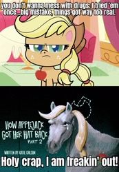 Size: 996x1437 | Tagged: safe, edit, edited screencap, screencap, character:applejack, species:earth pony, species:pony, episode:how applejack got her hat back, g4.5, my little pony: pony life, my little pony:pony life, spoiler:pony life s01e04, apple, applejack is not amused, caption, crying, family guy, female, food, hoers, horse, image macro, implied drug use, mare, monochrome, narrowed eyes, realistic, solo, text, title card, treehouse logo, unamused