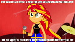 Size: 1280x720 | Tagged: safe, edit, edited screencap, screencap, character:sunset shimmer, species:human, equestria girls:rainbow rocks, g4, my little pony: equestria girls, my little pony:equestria girls, 1000 hours in ms paint, accessories, armband, caption, closed mouth, clothing, cloud, drums, edited edit, electric guitar, evening, exclamation point, eyebrows, eyelashes, female, frown, guitar, hill, holding, impact font, logo, meme, microphone, mouth closed, ms paint, ms paint adventures, musical instrument, outdoors, power metal, sabaton, skirt, sky, solo, standing, sweden, swedish, swedish flag, symbol, text, text edit, top, wall of tags, wind, woman