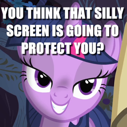 Size: 670x670 | Tagged: safe, edit, edited screencap, screencap, character:twilight sparkle, episode:owl's well that ends well, g4, my little pony: friendship is magic, bedroom eyes, caption, cropped, female, fourth wall, golden oaks library, image macro, lidded eyes, solo, stranger danger, talking to viewer, text, the fourth wall cannot save you