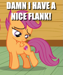 Size: 463x547 | Tagged: safe, edit, edited screencap, screencap, character:scootaloo, species:pegasus, species:pony, episode:on your marks, g4, my little pony: friendship is magic, caption, cropped, cute, cutealoo, cutie mark, female, image macro, look at my ass, solo, text, the cmc's cutie marks