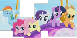 Size: 596x296 | Tagged: safe, edit, screencap, character:applejack, character:fluttershy, character:pinkie pie, character:rainbow dash, character:rarity, character:twilight sparkle, character:twilight sparkle (alicorn), species:alicorn, species:earth pony, species:pegasus, species:pony, species:unicorn, friendship is magic: rainbow roadtrip, g4, my little pony: friendship is magic, cropped, eyes closed, female, hot air balloon, looking down, mane six, mare, picture for breezies, scared, smiling