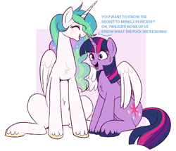 Size: 820x706 | Tagged: safe, artist:lulubell, character:princess celestia, character:twilight sparkle, character:twilight sparkle (alicorn), species:alicorn, species:pony, advice, blushing, chest fluff, dialogue, duo, eyes closed, female, mare, open mouth, shocked, sitting, smiling, sweat, sweatdrop, truth, vulgar