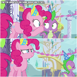 Size: 1000x1000 | Tagged: safe, edit, edited screencap, screencap, character:pinkie pie, character:spike, species:dragon, species:earth pony, species:pony, episode:amending fences, g4, my little pony: friendship is magic, clothing, comic, female, hat, male, mare, party hat, screencap comic