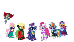 Size: 1920x1080 | Tagged: safe, edit, edited screencap, screencap, character:applejack, character:fili-second, character:fluttershy, character:humdrum, character:masked matter-horn, character:mistress marevelous, character:pinkie pie, character:radiance, character:rainbow dash, character:rarity, character:saddle rager, character:spike, character:twilight sparkle, character:twilight sparkle (alicorn), character:zapp, species:alicorn, species:pony, episode:power ponies, g4, my little pony: friendship is magic, background removed, female, looking at you, male, mane seven, mane six, power ponies go, simple background, smiling, smiling at you, transparent background