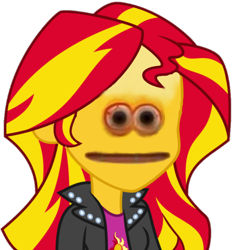 Size: 720x777 | Tagged: safe, edit, edited screencap, screencap, character:sunset shimmer, species:human, my little pony:equestria girls, cursed emoji, cursed image, emoji, female, god is dead, meme, nightmare fuel, simple background, solo, stressed emoji, transparent background, uncanny valley, vector, vibe check, wat