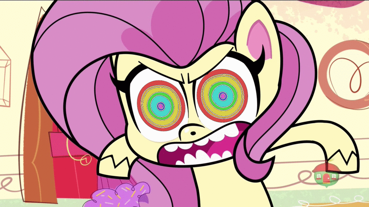 Size: 1200x675 | Tagged: safe, edit, edited screencap, screencap, character:fluttershy, species:pegasus, species:pony, .mov, episode:cute-pocalypse meow, g4.5, my little pony: pony life, my little pony:pony life, spoiler:pony life s01e03, angry, animated, cupcake, female, flutterrage, food, kaa eyes, pony.mov, shed.mov, solo, tablet, treehouse logo