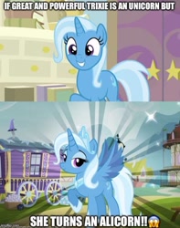 Size: 492x623 | Tagged: safe, edit, edited screencap, screencap, character:trixie, species:alicorn, species:pony, episode:a horse shoe-in, g4, my little pony: friendship is magic, alicornified, caption, grammar error, image macro, meme, race swap, text, trixiecorn