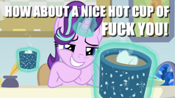 Size: 1280x720 | Tagged: safe, edit, edited screencap, screencap, character:starlight glimmer, episode:marks for effort, g4, my little pony: friendship is magic, caption, chocolate, empathy cocoa, female, food, hot chocolate, image macro, impact font, meme, reaction image, solo, text, vulgar