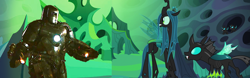 Size: 2314x720 | Tagged: safe, edit, edited screencap, screencap, character:queen chrysalis, character:thorax, species:changeling, episode:to where and back again, g4, my little pony: friendship is magic, arc reactor, armor, changeling hive, changeling queen, crossover, crystal wings, female, iron man, looking at each other, male, mark 1, marvel, marvel cinematic universe, wings
