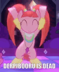 Size: 434x526 | Tagged: safe, edit, edited screencap, screencap, character:pacific glow, derpibooru, episode:the saddle row review, g4, my little pony: friendship is magic, animated, caption, crab rave, image macro, meme, meta, op is a duck, sound, text, the end of derpibooru, webm