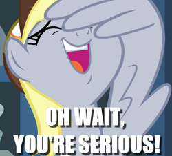 Size: 995x898 | Tagged: safe, edit, edited screencap, screencap, character:derpy hooves, episode:best gift ever, g4, my little pony: friendship is magic, caption, cropped, facewing, female, image macro, solo, text