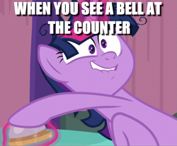 Size: 1287x1067 | Tagged: safe, edit, edited screencap, screencap, character:twilight sparkle, character:twilight sparkle (alicorn), species:alicorn, species:pony, episode:a trivial pursuit, g4, my little pony: friendship is magic, bell, caption, cropped, image macro, meme, messy mane, text, twilight snapple