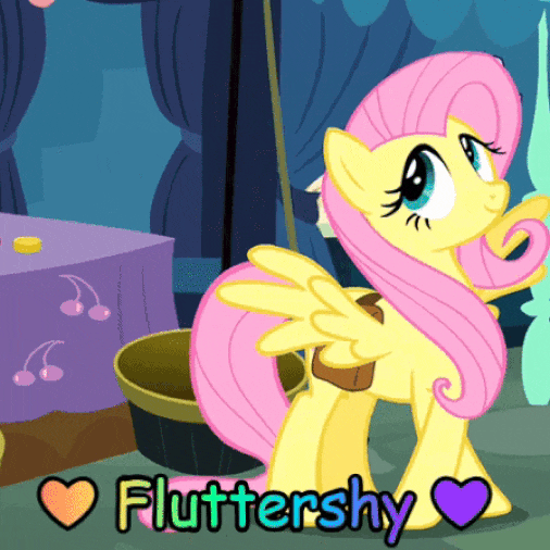 Size: 506x506 | Tagged: safe, edit, edited screencap, screencap, character:fluttershy, species:earth pony, species:pegasus, species:pony, episode:putting your hoof down, g4, my little pony: friendship is magic, animated, caboose, caption, cute, female, gif, male, mare, shyabetes, solo focus, stallion