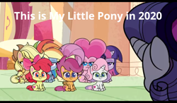 Size: 1024x600 | Tagged: safe, edit, edited screencap, screencap, character:apple bloom, character:applejack, character:fluttershy, character:pinkie pie, character:rainbow dash, character:rarity, character:scootaloo, character:sweetie belle, character:twilight sparkle, character:twilight sparkle (alicorn), species:alicorn, species:earth pony, species:pegasus, species:pony, species:unicorn, episode:disappearing act, g4.5, my little pony: pony life, my little pony:pony life, spoiler:pony life s01e12, 2020, applejack is not amused, caption, cutie mark crusaders, female, filly, fluttershy is not amused, image macro, mare, pinkie pie is not amused, rainbow dash is not amused, text, text edit, twilight is not amused, unamused
