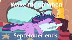 Size: 1280x720 | Tagged: safe, edit, edited screencap, screencap, character:twilight sparkle, character:twilight sparkle (alicorn), species:alicorn, species:pony, episode:inspiration manifestation, g4, my little pony: friendship is magic, 2020, bed, caption, female, golden oaks library, green day, image macro, messy mane, solo, song reference, text, tired, wake me up when september ends