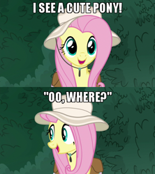 Size: 500x562 | Tagged: safe, edit, edited screencap, screencap, character:fluttershy, species:pegasus, species:pony, episode:daring doubt, g4, my little pony: friendship is magic, caption, clothing, comic, cute, female, hat, image macro, meme, missing the point, screencap comic, shyabetes, solo, text