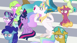 Size: 1280x720 | Tagged: safe, edit, edited screencap, screencap, character:citrine spark, character:cloudburst, character:daisy, character:fire quacker, character:gallus, character:princess celestia, character:sandbar, character:starlight glimmer, character:twilight sparkle, character:twilight sparkle (alicorn), species:alicorn, species:earth pony, species:griffon, species:pegasus, species:pony, species:unicorn, episode:2-4-6 greaaat, :i, clever musings, fire flicker, friendship student, i mean i see, looking at you, majestic as fuck, traditional royal canterlot voice, wat