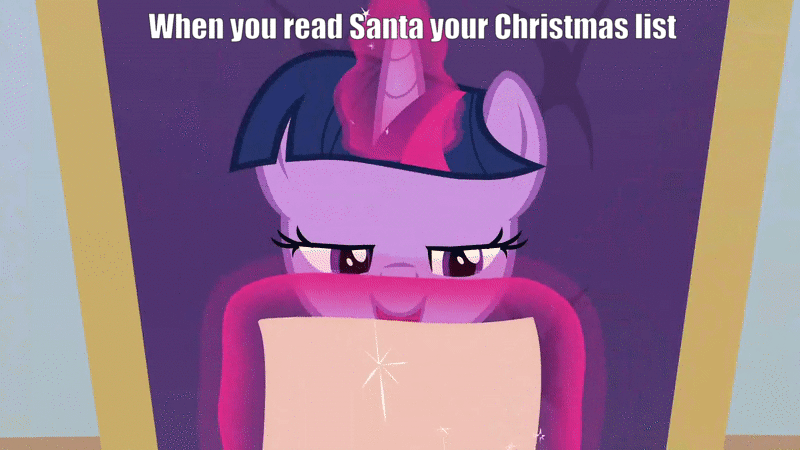 Size: 800x450 | Tagged: safe, edit, edited screencap, screencap, character:twilight sparkle, character:twilight sparkle (alicorn), species:alicorn, species:pony, episode:the beginning of the end, g4, my little pony: friendship is magic, animated, chair, christmas, female, holiday, letter, magic, reading, santa claus, solo, talking, telekinesis, text, twilighting