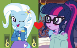 Size: 1700x1076 | Tagged: safe, edit, edited screencap, screencap, character:trixie, character:twilight sparkle, character:twilight sparkle (scitwi), species:eqg human, ship:twixie, equestria girls:forgotten friendship, equestria girls:legend of everfree, g4, my little pony: equestria girls, my little pony:equestria girls, female, lesbian, sci-twixie, shipping, shipping domino