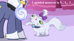 Size: 1260x693 | Tagged: safe, edit, edited screencap, screencap, character:hoity toity, character:opalescence, species:earth pony, species:pony, episode:suited for success, g4, my little pony: friendship is magic, bow, cat, clothing, cropped, cute, female, male, opalbetes, pet collar, pure unfiltered evil, stallion, suit, text, this will not end well