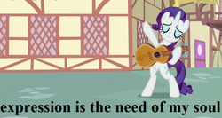 Size: 720x384 | Tagged: safe, edit, edited screencap, screencap, character:rarity, episode:honest apple, g4, my little pony: friendship is magic, archy and mehitabel, cropped, don marquis, guitar, musical instrument, ponyville, text, the coming of archy