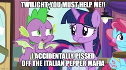 Size: 888x499 | Tagged: safe, edit, edited screencap, screencap, character:cup cake, character:spike, character:twilight sparkle, character:twilight sparkle (alicorn), species:alicorn, species:dragon, species:earth pony, species:pony, episode:a trivial pursuit, g4, my little pony: friendship is magic, bag, caption, female, image macro, male, mare, meme, saddle bag, text, vulgar, winged spike