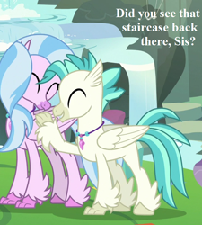 Size: 648x720 | Tagged: safe, edit, edited screencap, screencap, character:silverstream, character:terramar, episode:student counsel, brother and sister, cropped, cute, diastreamies, female, jewelry, male, maud's cave, necklace, siblings, speech, talking, terrabetes, waterfall