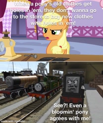 Size: 1000x1200 | Tagged: safe, edit, edited screencap, screencap, character:applejack, episode:honest apple, g4, my little pony: friendship is magic, benson (the stories of sodor), clothing, devious diesel, diesel, fort sudrian, jeans, locomotive, meme, pants, ripped jeans, sodor shorts, steam engine, the stories of sodor, thomas and friends, thomas the tank engine, trainz simulator, whiff