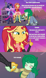 Size: 3000x5062 | Tagged: safe, edit, edited screencap, screencap, character:sunset shimmer, character:twilight sparkle, character:twilight sparkle (scitwi), character:wallflower blush, species:eqg human, equestria girls:forgotten friendship, g4, my little pony: equestria girls, my little pony:equestria girls, blushing, canterlot high, caption, comic, easily forgiven, eyes closed, headband, image macro, meta, pickup truck, ponied up, pony ears, sad, screencap comic, sitting, smiling, text, wings