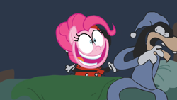 Size: 1920x1080 | Tagged: safe, edit, edited screencap, screencap, character:pinkie pie, episode:a trivial pursuit, g4, my little pony: friendship is magic, clothing, goofy, goofy (disney), groovy (character), mickey mouse, mokey, mokey's show, pajamas, shrunken pupils, sr pelo