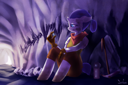 Size: 1400x935 | Tagged: safe, artist:siden, character:rarity, species:anthro, species:unguligrade anthro, broken horn, cave, clothing, dirty, female, gem, gloves, pickaxe, solo, sweat