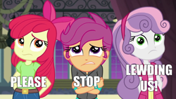 Size: 1280x720 | Tagged: safe, edit, edited screencap, screencap, character:apple bloom, character:scootaloo, character:sweetie belle, species:pegasus, species:pony, episode:happily ever after party, g4, my little pony: equestria girls, my little pony:equestria girls, caption, cutie mark crusaders, happily ever after party: rainbow dash, image macro, lewd, please stop, text, trio