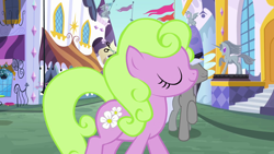 Size: 1280x720 | Tagged: safe, edit, edited screencap, screencap, character:caesar, character:daisy, species:earth pony, species:pony, episode:the crystal empire, g4, my little pony: friendship is magic, eyes closed, female, male, mare, stallion, trotting, walking