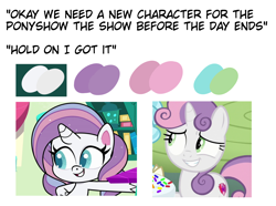 Size: 1480x1100 | Tagged: safe, edit, edited screencap, screencap, character:potion nova, character:sweetie belle, species:pony, species:unicorn, episode:meet potion nova!, g4.5, my little pony: pony life, my little pony:pony life, spoiler:pony life s01e21, caption, color palette, comparison, cropped, image macro, meme, op isn't even trying anymore, smiling, text