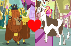 Size: 1022x654 | Tagged: safe, edit, edited screencap, screencap, character:daisy jo, character:prince rutherford, species:cow, species:yak, episode:a friend in deed, episode:party pooped, g4, my little pony: friendship is magic, bovine, crack shipping, cropped, female, male, rutherjo, shipping, shipping domino, straight, udder