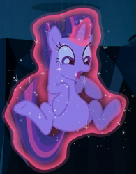 Size: 409x525 | Tagged: safe, edit, edited screencap, screencap, character:twilight sparkle, character:twilight sparkle (unicorn), species:pony, species:unicorn, episode:the crystal empire, g4, my little pony: friendship is magic, belly, cropped, female, glowing horn, horn, levitation, magic, magic aura, open mouth, rotated, self-levitation, solo, telekinesis