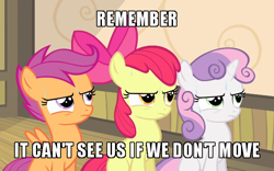 Size: 600x375 | Tagged: safe, edit, edited screencap, screencap, character:apple bloom, character:scootaloo, character:sweetie belle, species:pegasus, species:pony, episode:somepony to watch over me, g4, my little pony: friendship is magic, caption, cropped, cutie mark crusaders, image macro, jurassic park, meme, movie reference, puffed chest, sitting, sweat, text, tough, trio