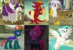 Size: 2202x1536 | Tagged: safe, edit, edited screencap, screencap, character:garble, character:gilda, character:pharynx, character:prince pharynx, character:tempest shadow, character:terramar, species:changeling, species:dragon, species:griffon, species:hippogriff, species:pony, species:reformed changeling, species:unicorn, species:yak, episode:gauntlet of fire, episode:surf and/or turf, episode:the lost treasure of griffonstone, episode:to change a changeling, episode:yakity-sax, g4, my little pony: friendship is magic, my little pony: the movie (2017), cropped, yigrid