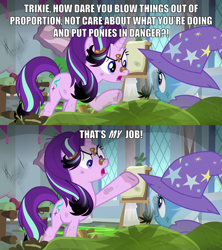 Size: 2000x2251 | Tagged: safe, edit, edited screencap, screencap, character:starlight glimmer, character:trixie, species:pony, species:unicorn, episode:a horse shoe-in, g4, my little pony: friendship is magic, angry, burnt mane, cape, caption, clothing, dirty, duo, female, hat, hypocrite, image macro, impact font, mare, meme, messy mane, open mouth, raised hoof, school, scorched, text, trixie's cape, trixie's hat