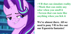 Size: 1346x614 | Tagged: safe, edit, edited screencap, screencap, character:starlight glimmer, species:pony, species:unicorn, equestria girls:mirror magic, g4, my little pony: equestria girls, my little pony:equestria girls, spoiler:eqg specials, bust, cropped, female, glimmer, greentext, lip bite, portrait, solo, text, virtual reality